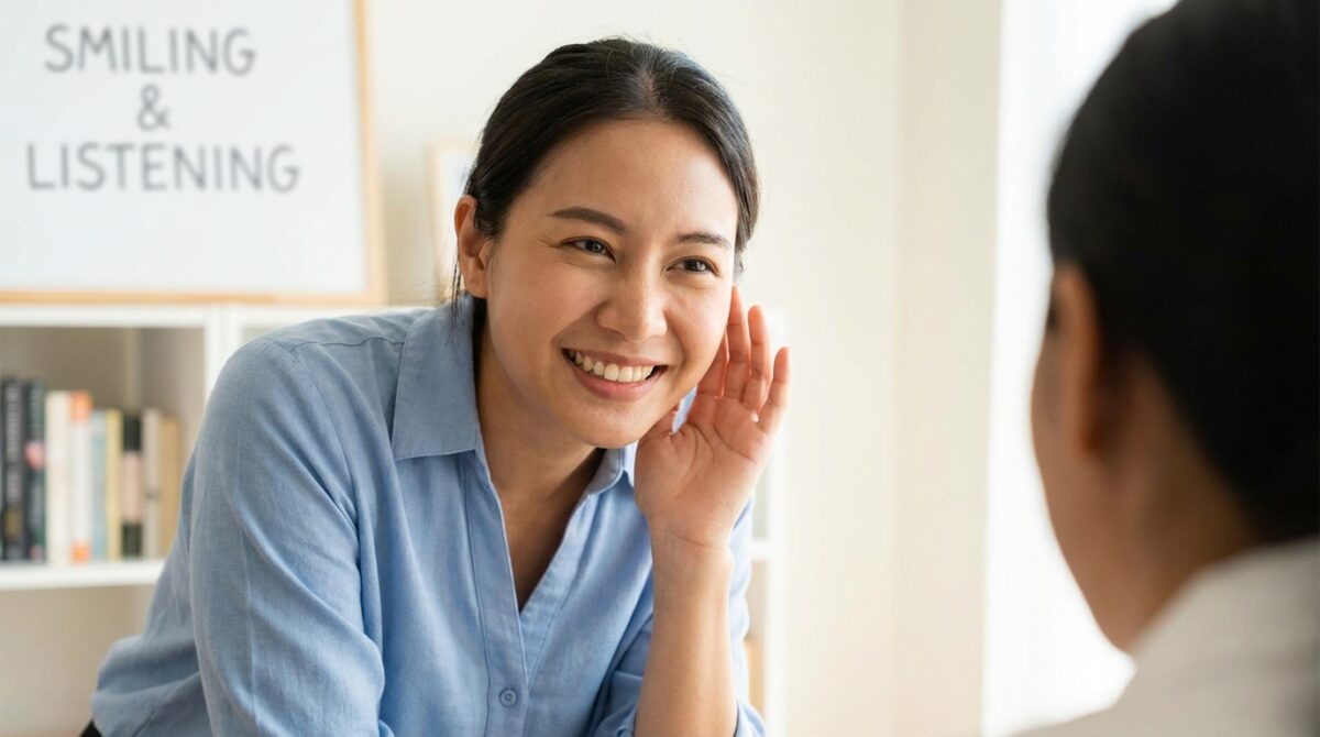 deskundige in positieve psychologie deelt twee communicatie-technieken: glimlachen om een vriendelijke sfeer te creëren en luisteren om de ander gewaardeerd te laten voelen.